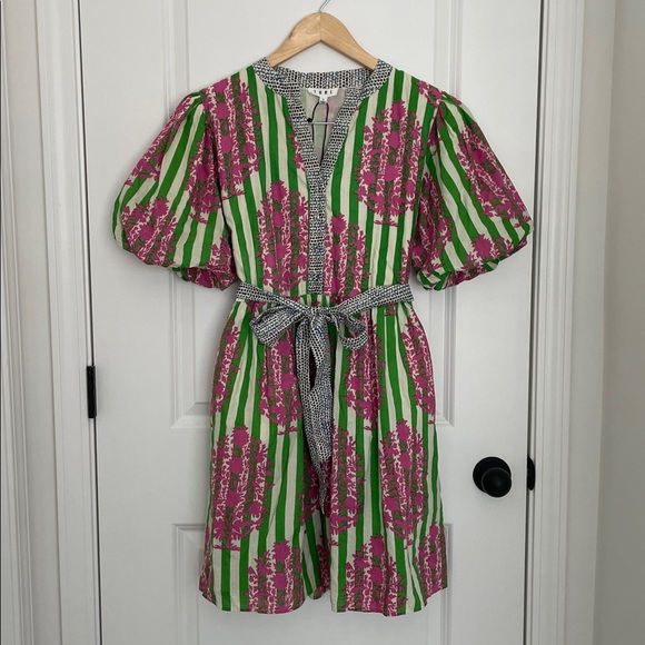 THML Women’s Tie Waist Puff Sleeves Dress with Green and Pink Floral Stripes L - Picture 2 of 10